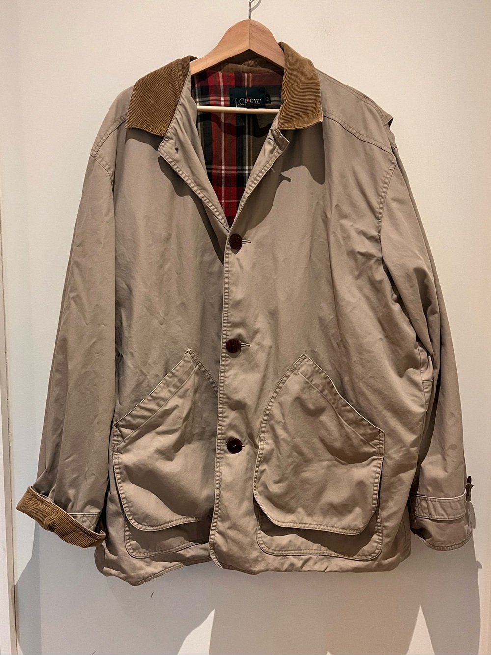 Vintage 90s J.Crew Oarsman Beige Cord Trim Flannel Lined Chore Barn Jacket XLT